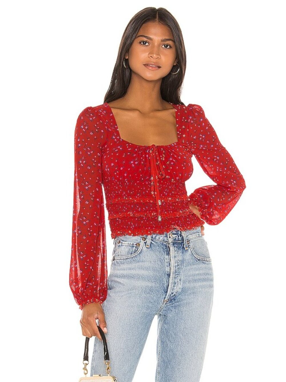 FREE PEOPLE Lolita Red Floral Chiffon Smocked Square Neck Peasant Blouse, Size M